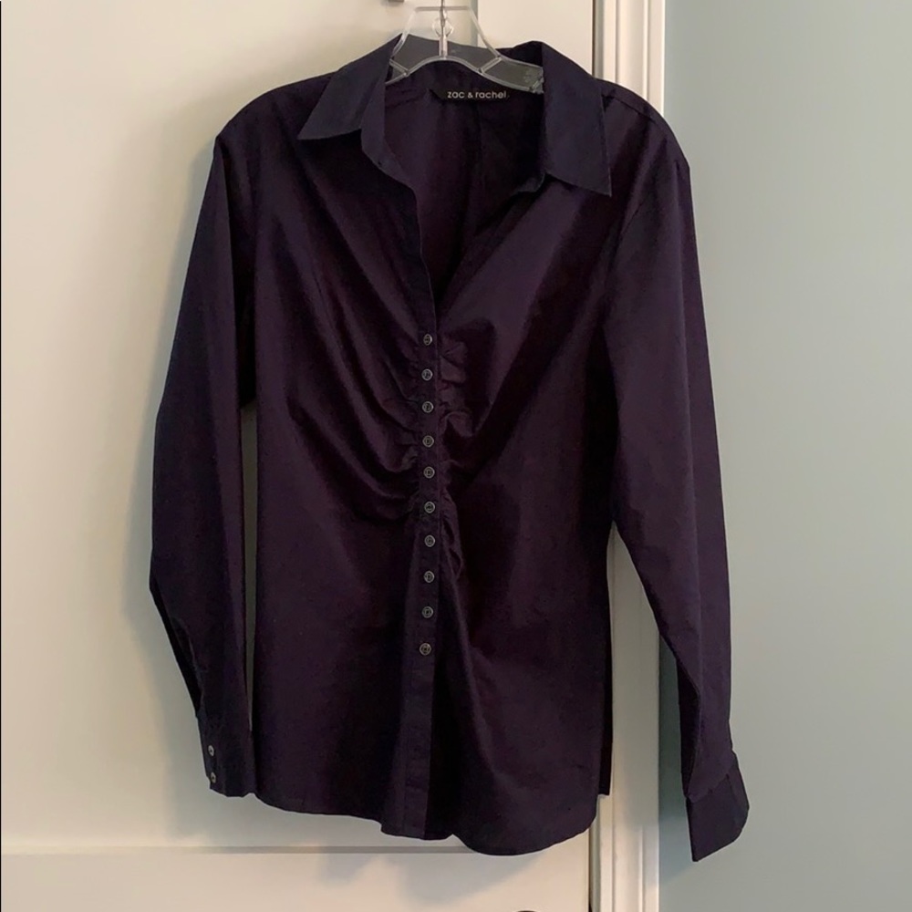 Classic stretch Navy button down shirt w/ruching